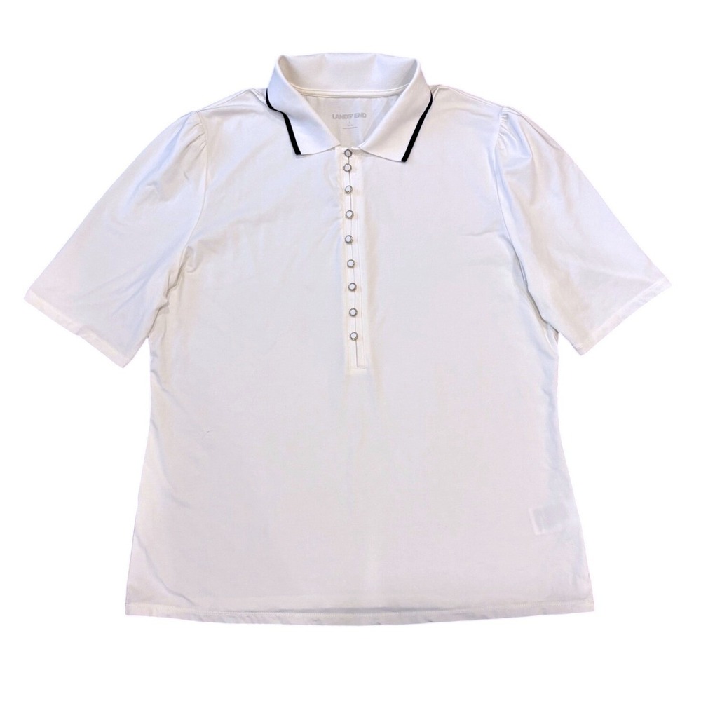 Lands' End Polo Top Womens L White Short Sleeve Button Henley Puff Shoulder